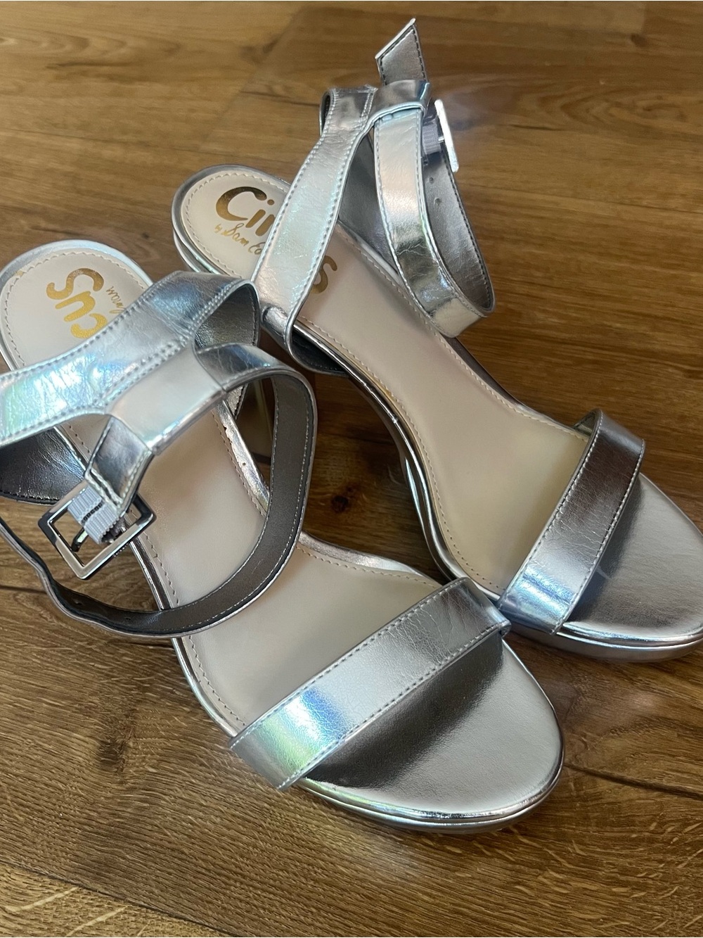 NWT Circus by Sam Edelman Metallic Silver Ankle-Strap Chunky Heels